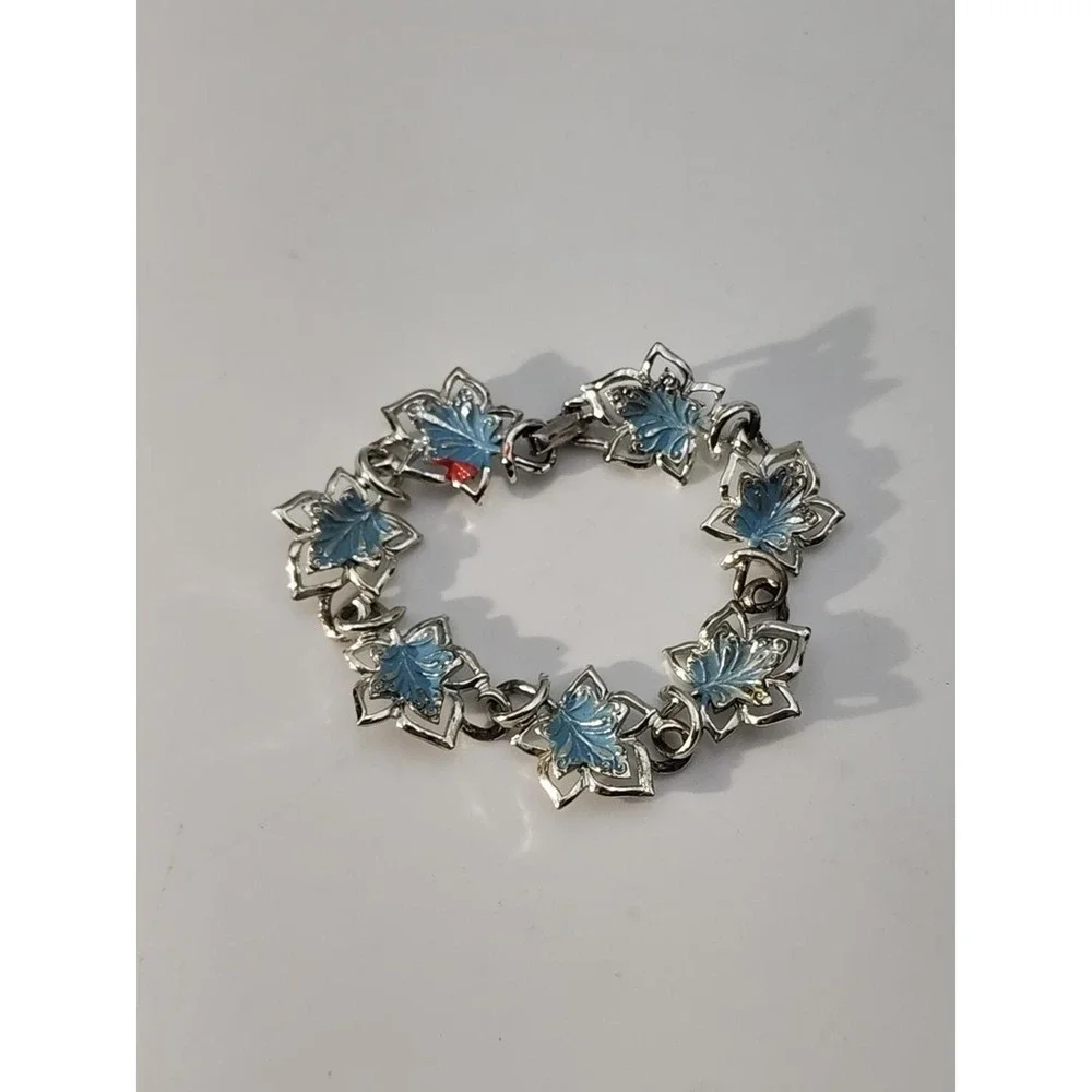 Vintage‎ Signed Coro Silver Tone Enamel Light Blue Leaves Charm 6.5